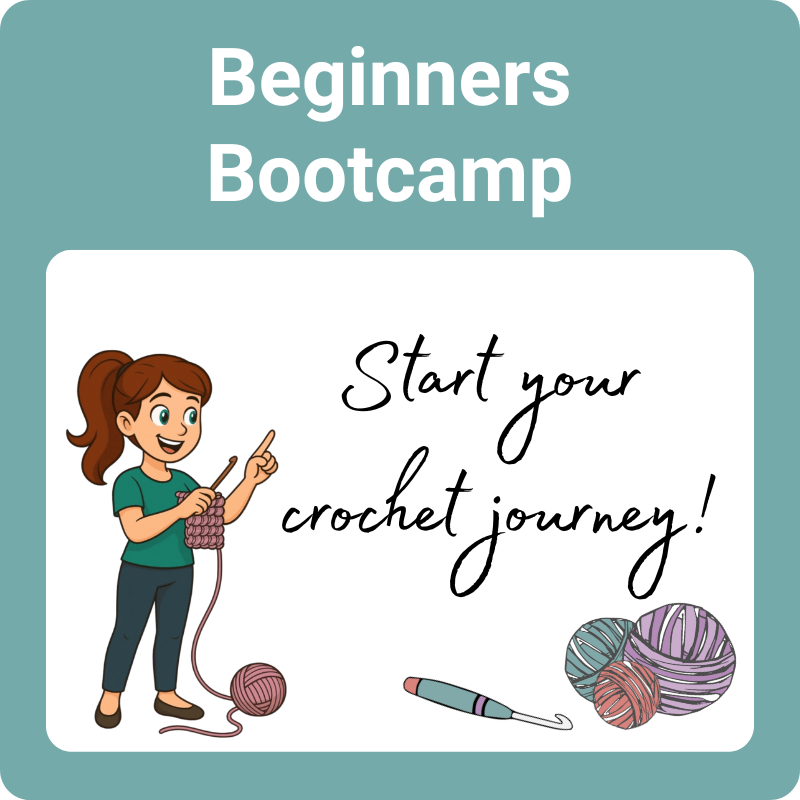 Beginners Bootcamp start your crochet journey graphic for beginner crochet tutorials by Crochet Clare