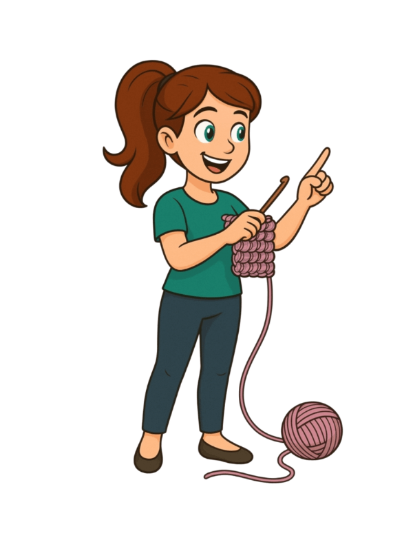 Crochet Clare cartoon character holding a crochet hook and yarn ball