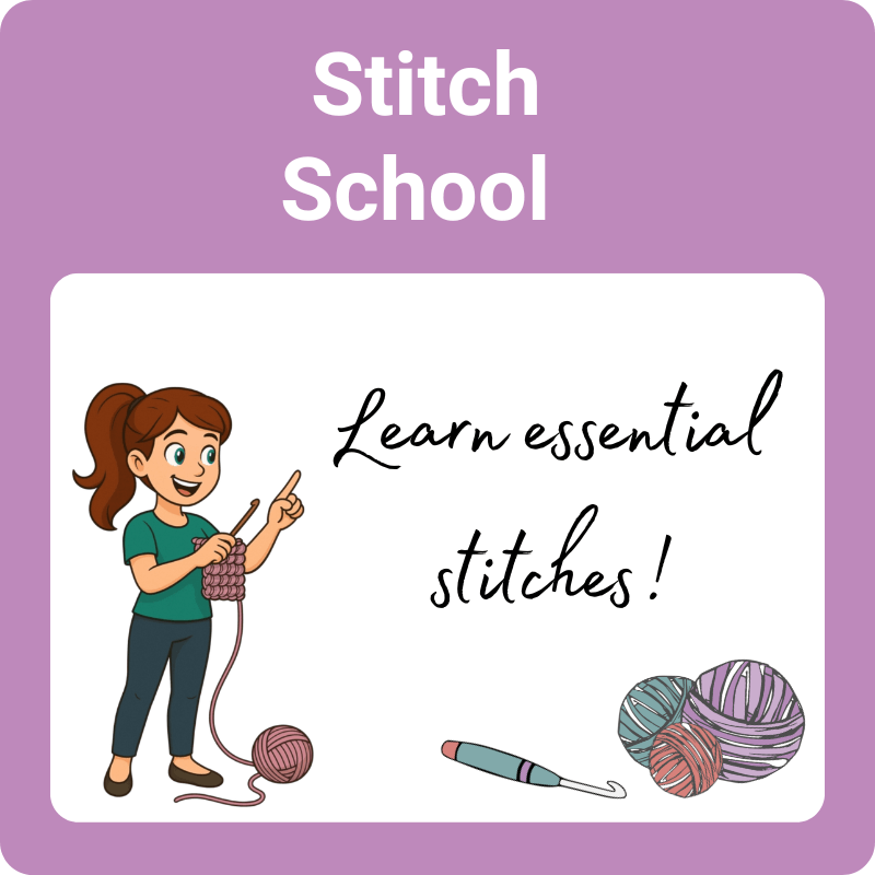 Stitch School graphic for learning essential crochet stitches with Crochet Clare