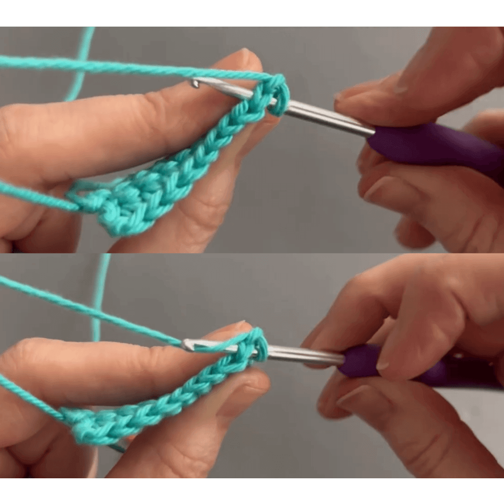 Image showing how to turn your work inserting hook into both loops of the stitch